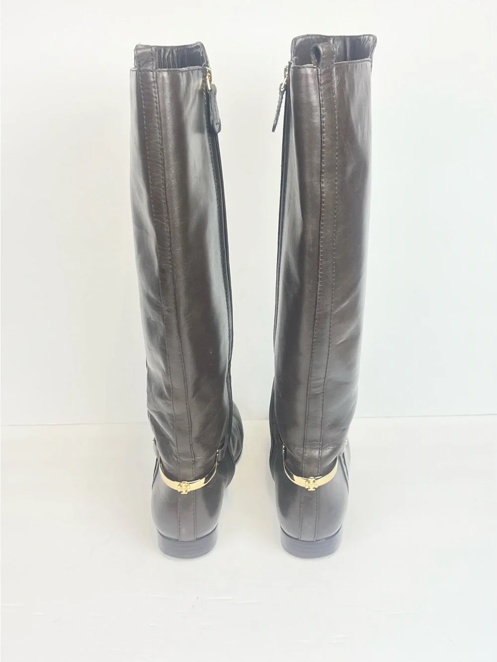 Tory Burch Dark Brown Leather Knee-High Boots with Gold Accents 6.5 M